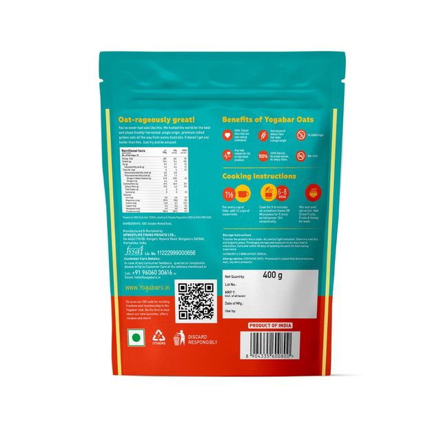 Yogabar 100% Rolled Oats 400g Pouch | Premium Golden Rolled Oats, Gluten Free Oats with High Fibre