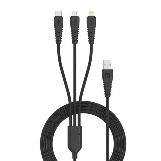 Portronics Konnect A Trio 3-In-1 USB Cable - Black | Braided and High-Speed | Fast Charging