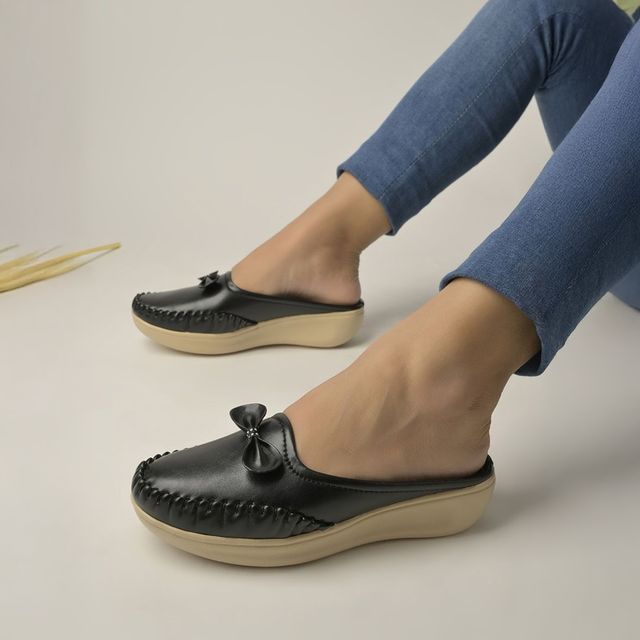 Shoetopia Upper Bow Detailed Black Slip-On Loafers For Women | UK 9