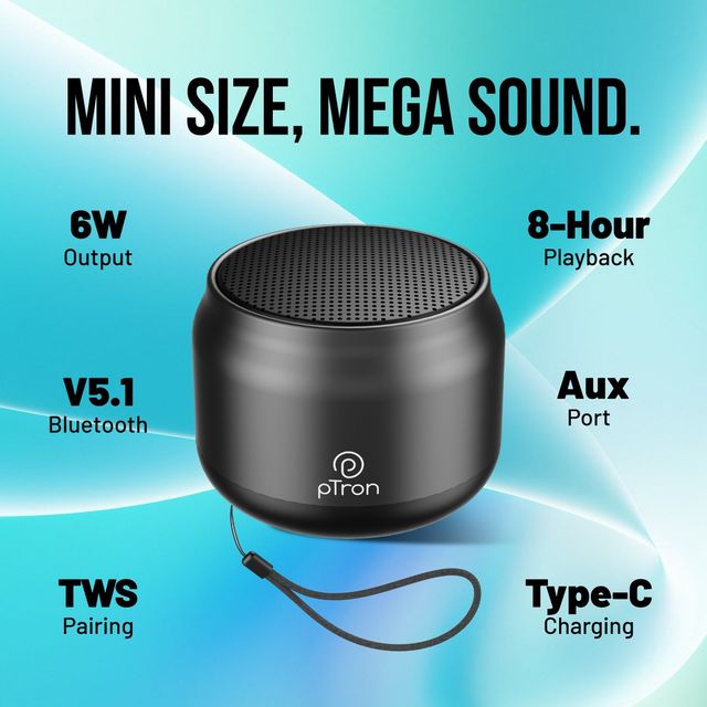 pTron Fusion Hook v2 6W Bluetooth Speaker | 8H Playtime | 2.04" Neo Driver For Pristine Sound - Black