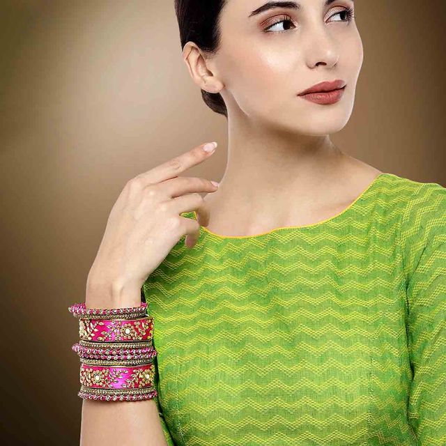 Peora Designer Silk Thread Matching Rani Pink Floral Bangle Set Bridal Chuda Chura(Size - 2.6 inch)