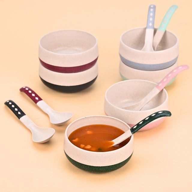 Eha Soup Bowls & Spoons | 250 ml | Set Of 6 - Multi Color
