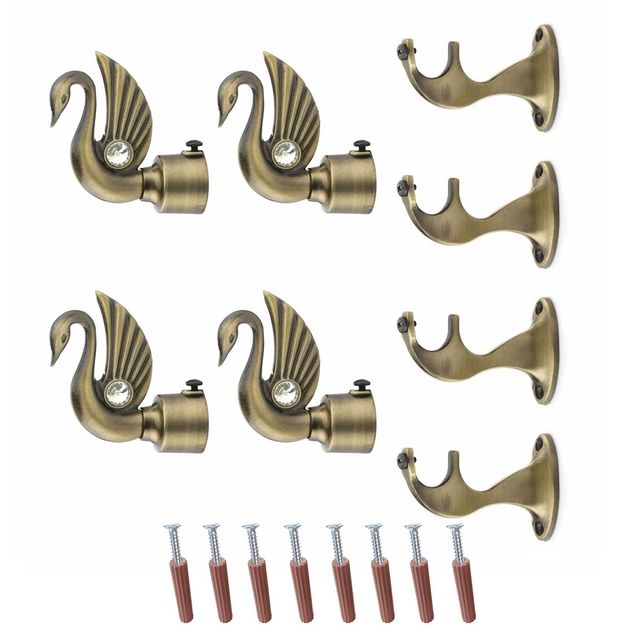 Gloxy Pair of 2 Swan Bird Shape Aluminium Curtain Brackets | 1 inch Rod Support Fitting | Antique