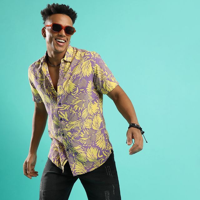 Campus Sutra Men's Contrast Foliage Shirt | Multicolour - S