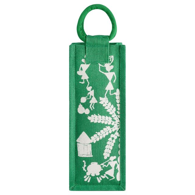 Jute Cottage Carry Bag - Bottle Bag Warli Print | Eco-friendly | Stylish | Green | 14 x 5 x 4.5