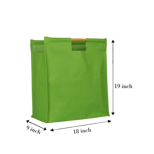 Jute Cottage Carry Bag - Jumbo Shopping Bag Bamboo Handle | Eco-friendly | Green | 19 x 18 x 9