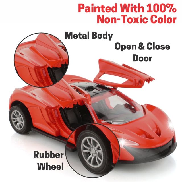 Adit Toys Die Cast Metal Car With Led Lights & Engine Sound, Pull Back Toy Car For Kids 3+ (Red)