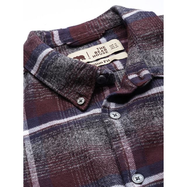 The Bear House Men Slim Fit Checked Shirt - Albion | Grey and Maroon | XL
