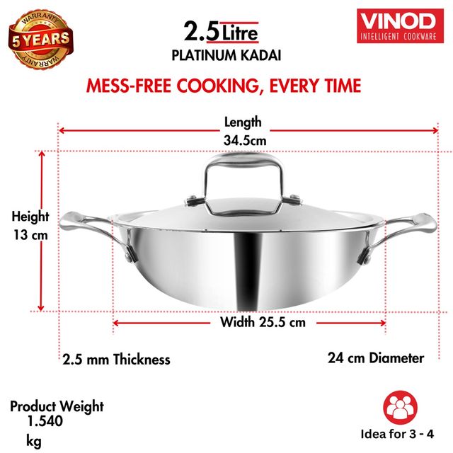 Vinod Platinum Triply Stainless Steel Kadai With Lid- 24 Cm, 2.5 L (Induction Friendly)