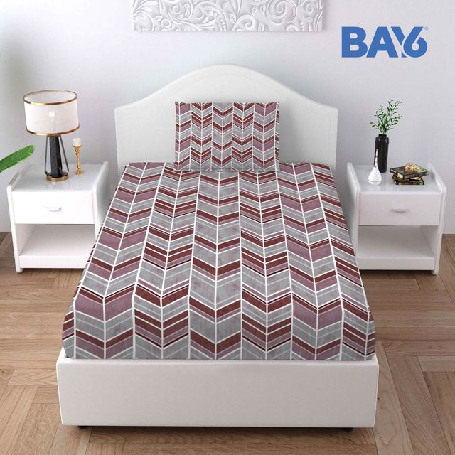 BAY6 Microfibre Geometric Print Single Bedsheet - Maroon & Grey | 150 x 220 cm + Pillow Cover
