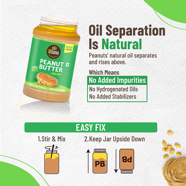 DiSano Natural Peanut Butter - Creamy, Unsweetened, 28.3% Protein, No Added Sugar,100% Peanut