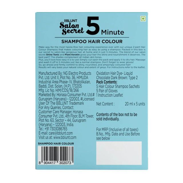 Bblunt Chocolate Dark Brown 5 Minute Shampoo Hair Colour For 100% Grey Coverage