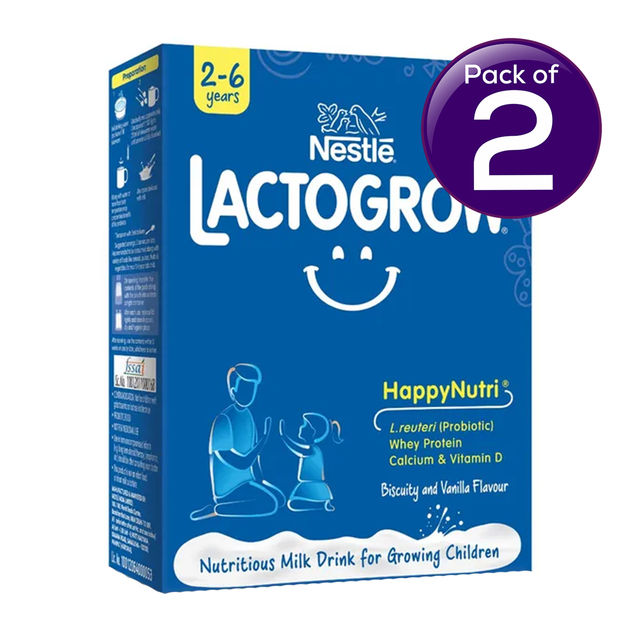 Nestle Lactogrow Nutrition Biscuity Vanilla Drink Mix | For 2 - 6 years KidsNestle LACTOGROW Nutritious Milk Drink | Biscuity Vanilla Flavour (2 - 6 years) 400 g Combo