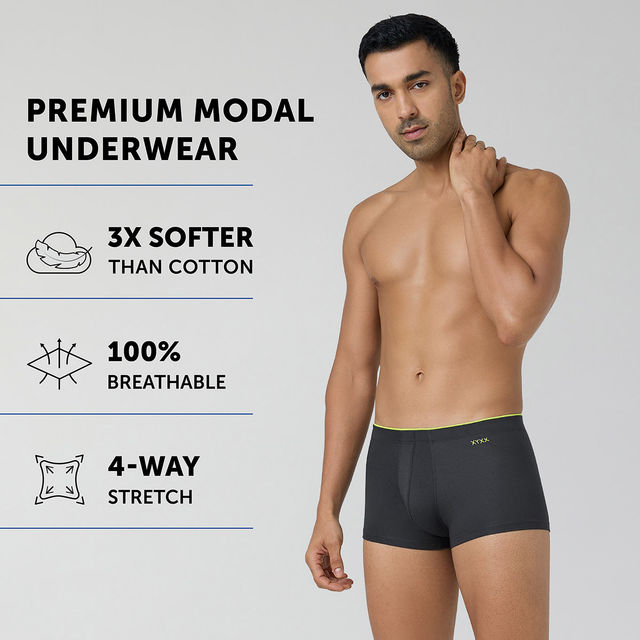 XYXX Uno IntelliSoft Micro Modal Solid Trunk | Men's Innerwear | Pack of 2 |Grey + Black- XL