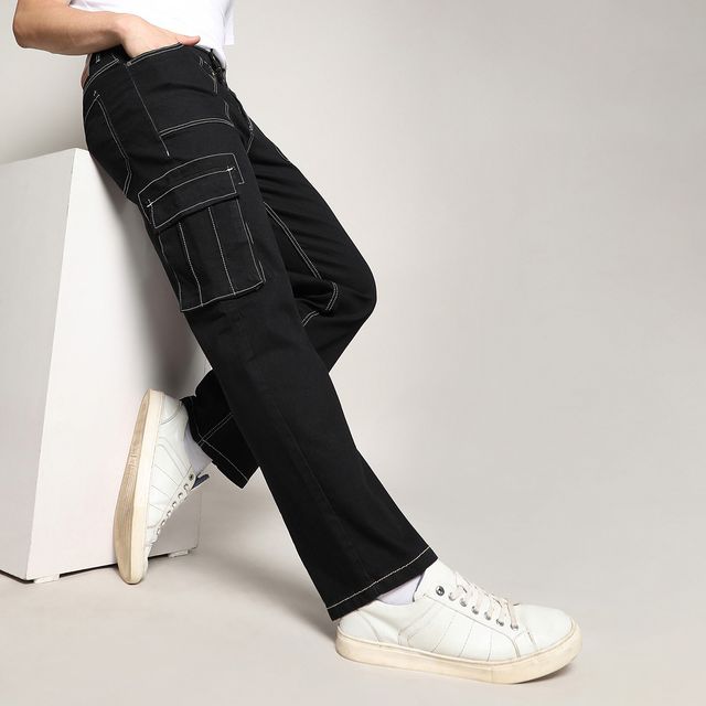 Campus Sutra Men's Contrast Stitched Cargo Denim Jeans | Black - 34