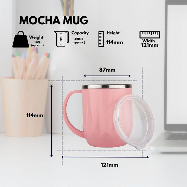 Sugar Homeware Mocha Stainless Steel Double Wall Travel Coffee Mug With Lid | 400 ml - Pink