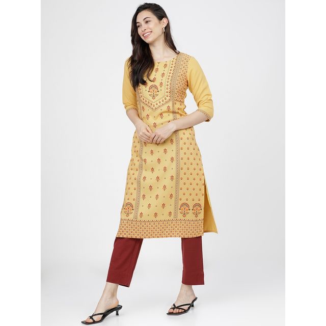 Ketch Women Ethnic Motifs Printed Straight Kurta | Yellow | M