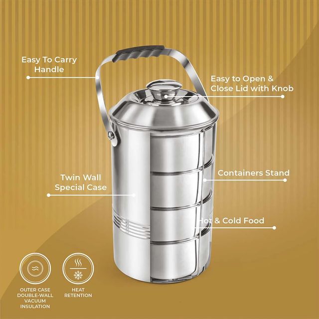 SignoraWare Hot Vault High Quality Steel Lunch Box | set of 4 containers & case| 450ml x 4