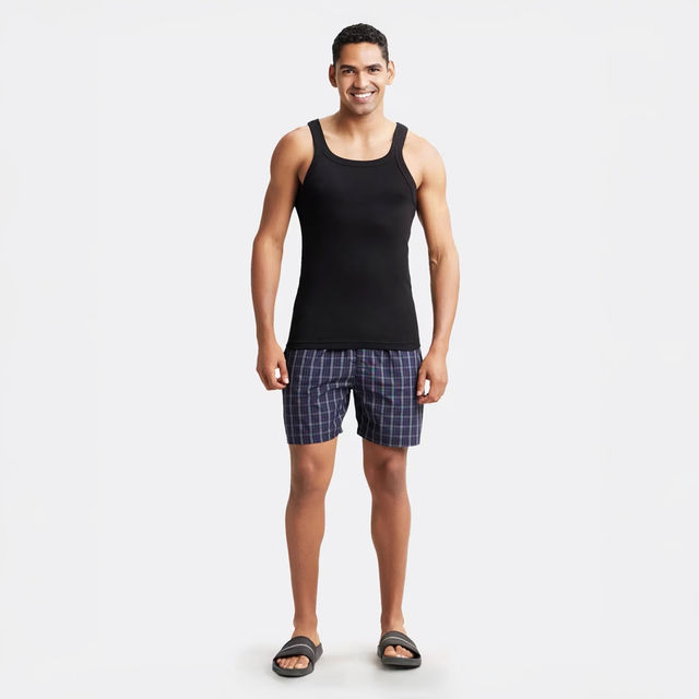 Jockey 1222 Men's Super Combed Mercerized Cotton Woven Checks Boxer|BackPocket | Blue-M