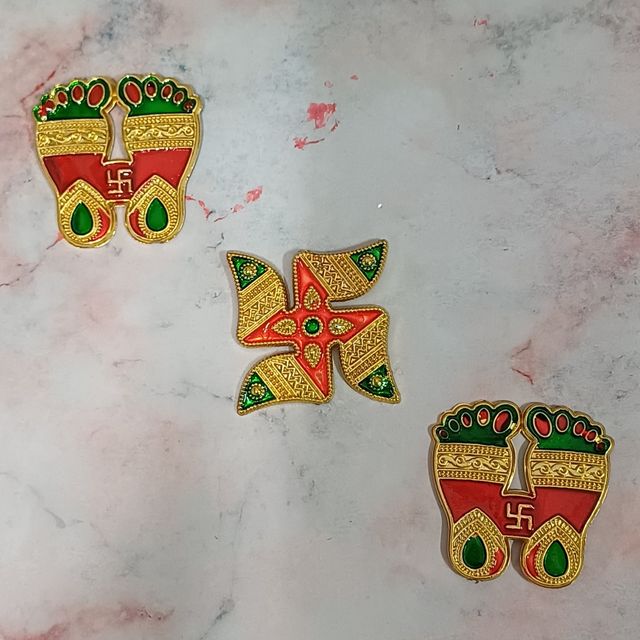 Gullak Auspicious Symbols Multicolour Plastic Stickers Pair Of Charan And Swastik