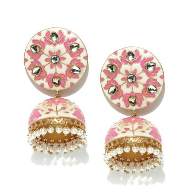 Rubans Off-White & Pink Enamel Kundan Jhumkas with Pearls