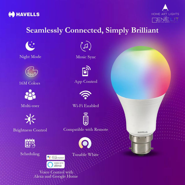 Havells 9W B22 Wi-Fi Smart Bulb Compatible With Alexa & Google Assistant - Rgb Colours, Base B22