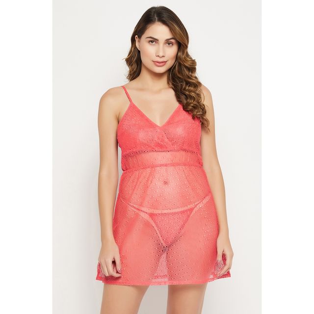 Clovia Chic Basic Semi-Sheer Babydoll in Pink with G-string - Lace | NS1300A14 | Pink | XXL
