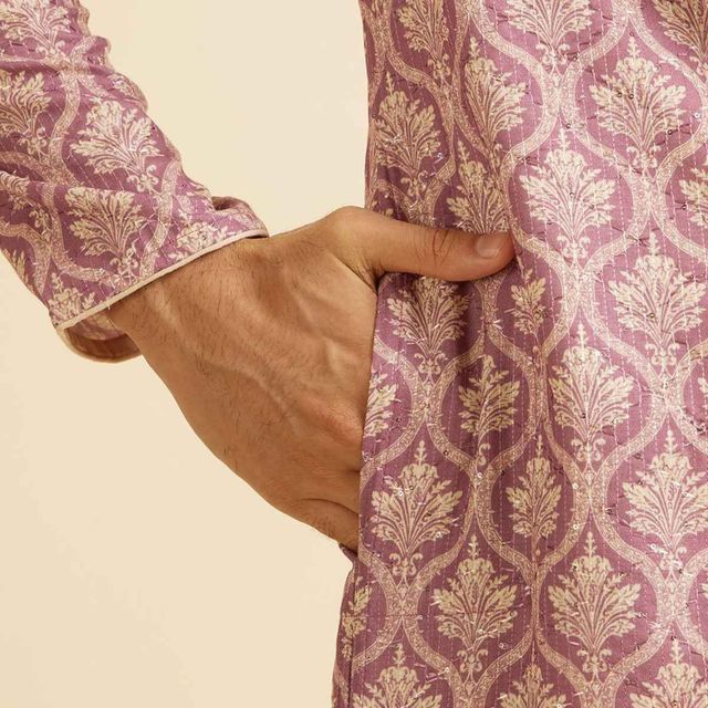 Manyavar Pink Blended Cotton Printed Kurta Set | L