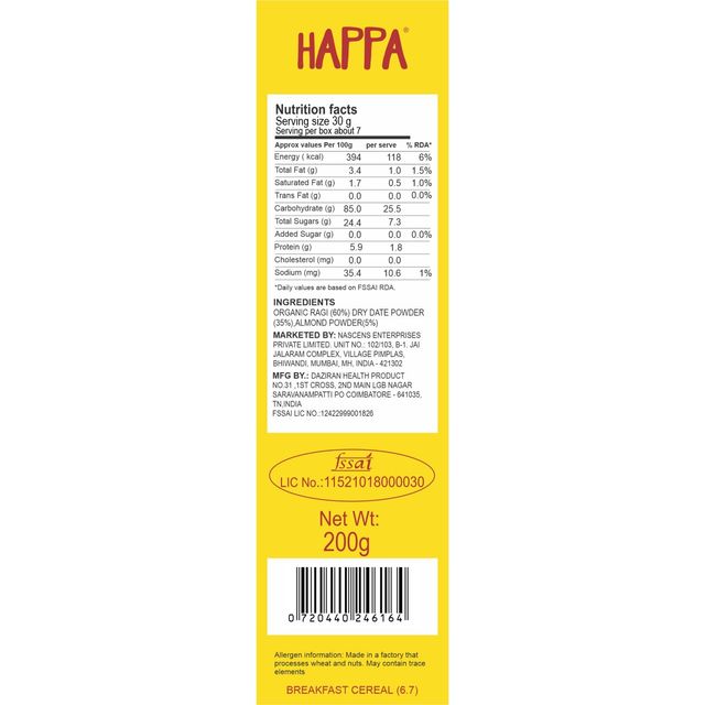 Happa Cereal Sprouted Ragi | Almonds | Dates