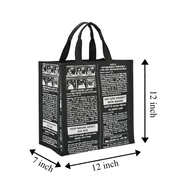 Jute Cottage Carry Bag - Global Zipper Lunch Bag | Eco-friendly | Stylish | Black | 12 x 12 x 7