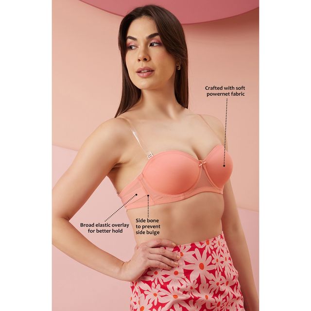 Clovia Women Padded Wired Demi Cup Strapless T-Shirt Bra with Clear Straps & Band | Peach | 32D
