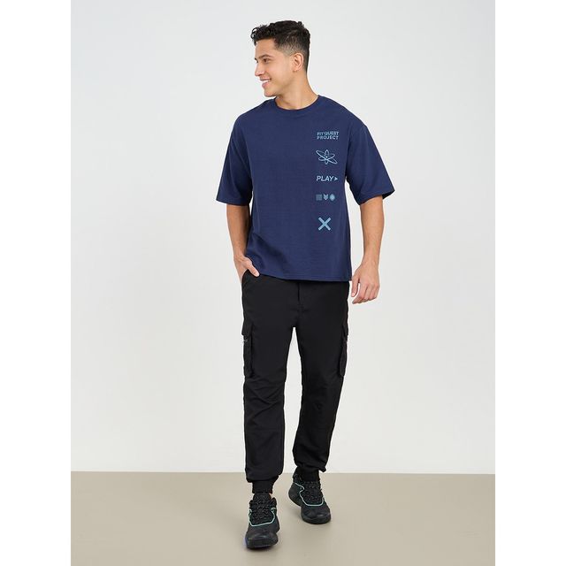 Styli Men's Oversized Athleisure T-shirt with Slogan Print | Navy Blue - XL