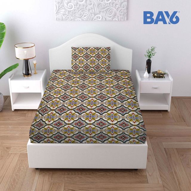 BAY6 Microfibre Floral Single Bedsheet - Beige & Brown | 150 x 220 cm + Pillow Cover