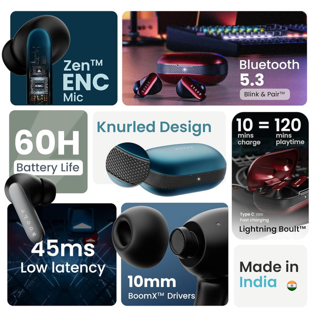 Boult Y1 Pro With Zen Quad Mic Enc 60Hrs Battery Fast Chargingknurled Design5.3V Jet Black