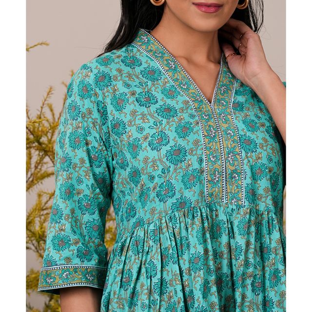 Libas Turquoise Cotton Floral Printed a | Line Kurti | Turquoise Blue | S