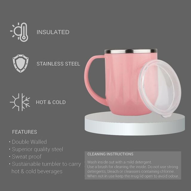 Sugar Homeware Mocha Stainless Steel Double Wall Travel Coffee Mug With Lid | 400 ml - Pink