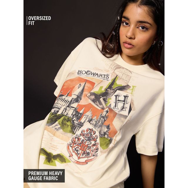 The Souled Store Women's Harry Potter Hogwarts Oversized T-shirt | Cream - XL