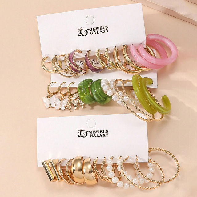 Jewels Galaxy Gold Plated Set Of 18 Pairs Of Hoop And Pearl Earrings (1 Pack 36 Earrings)