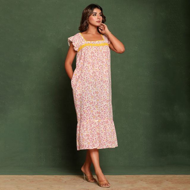 Nihsamah Women's Cotton Floral Printed Midi Frock Nighty | Midi Length | Off White - XL