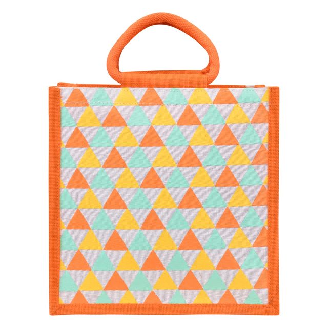 Jute Cottage Carry Bag - Triangle Print Zipper Lunch Bag | Eco-friendly | Orange | 12 x 12 x 7.5