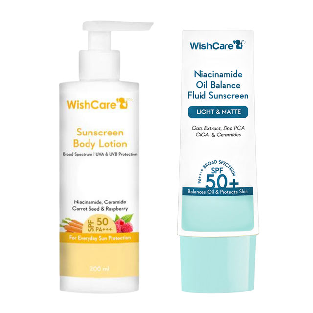Wishcare Spf50 Niacinamide Sunscreen Body Lotion With No White Cast (200g) & Wishcare Niacinamide Oil Balance Spf50 Light  Matte Fluid Sunscreen With Oats (50g) Combo