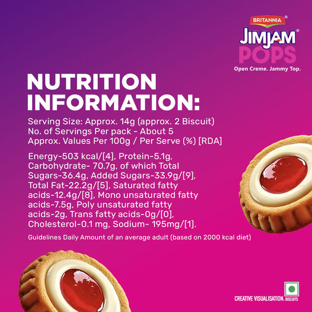 Britannia Jimjam Pops, Crunchy Cookie With Vanilla Crème And Jammy Center, Open Crème Biscuit
