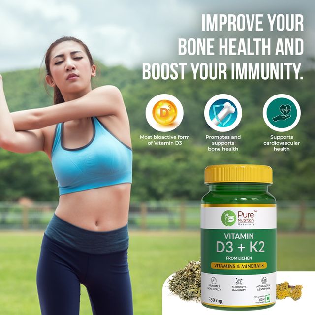 Pure Nutrition Vitamin D3 Lichen Source + K2 MK-7 600 IU - 60 VEG Tablets for Bone