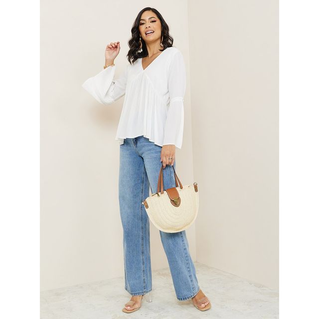Styli Women's A-Line Top with Bell Sleeves and V-Neck | White - XL
