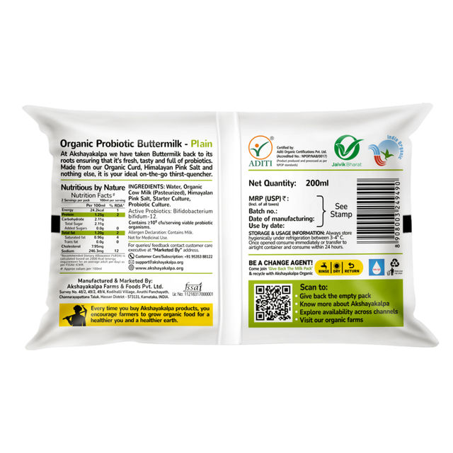Akshayakalpa Organic Probiotic Buttermilk - Plain 200 ml Combo