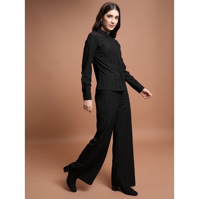Ketch Women Striped Pleated Shirt With Trouser Co-ords | Black | XL