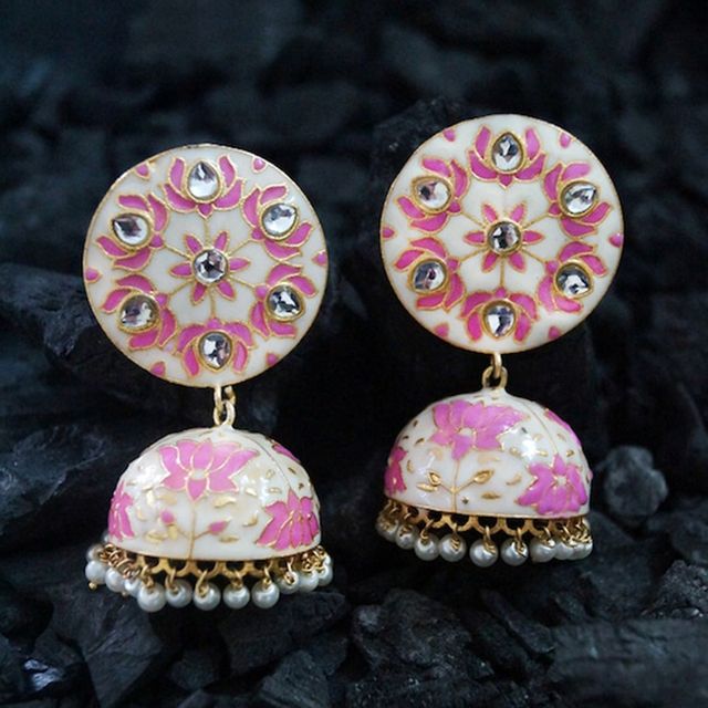 Rubans Off-White & Pink Enamel Kundan Jhumkas with Pearls