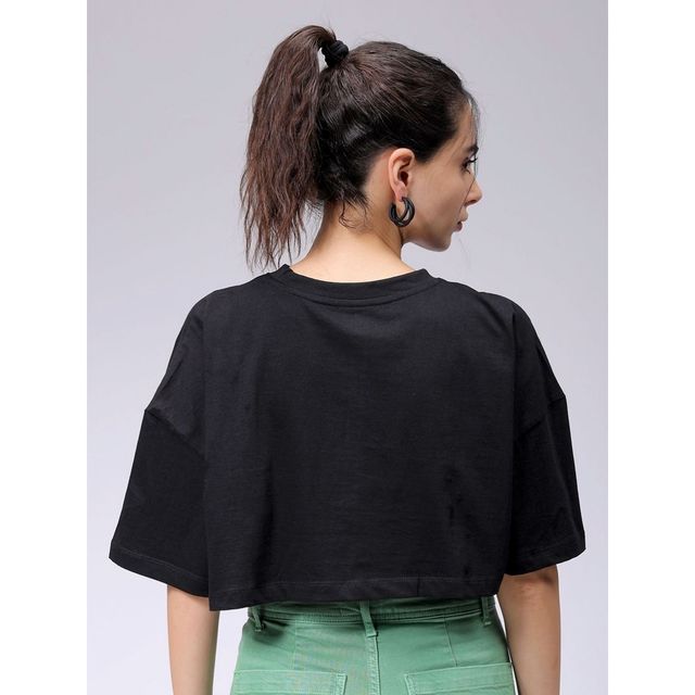 Freehand Women's Boxy Solid Casual Cropped T-shirt | 0424-Zfhcntee6-01 | Black - L