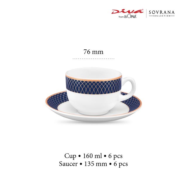 La Opala Diva Sovrana Cup & Saucer 160 ml Set of 12 Regent Blue Opal Glass Cups for Tea, White