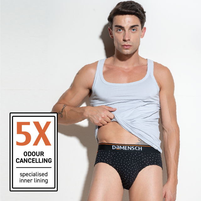 DaMENSCH Men's Brief | Printed Basic, Deo Cotton | Black Space Dot and Navy Pixels - M